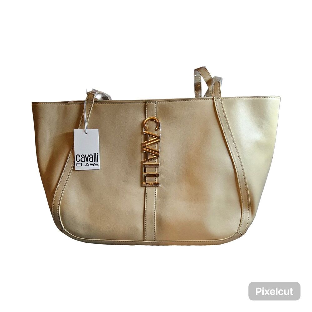 Cavalli Class Sandra Shopper Tote Bag Almond Buff Satchel Handbag NWTRetail $118